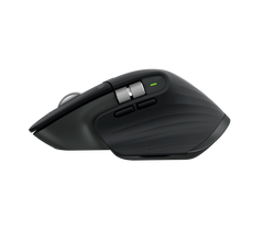 Logitech MX Master 3S in Black, left side profile with the thumb wheel, gesture area and textured grip
