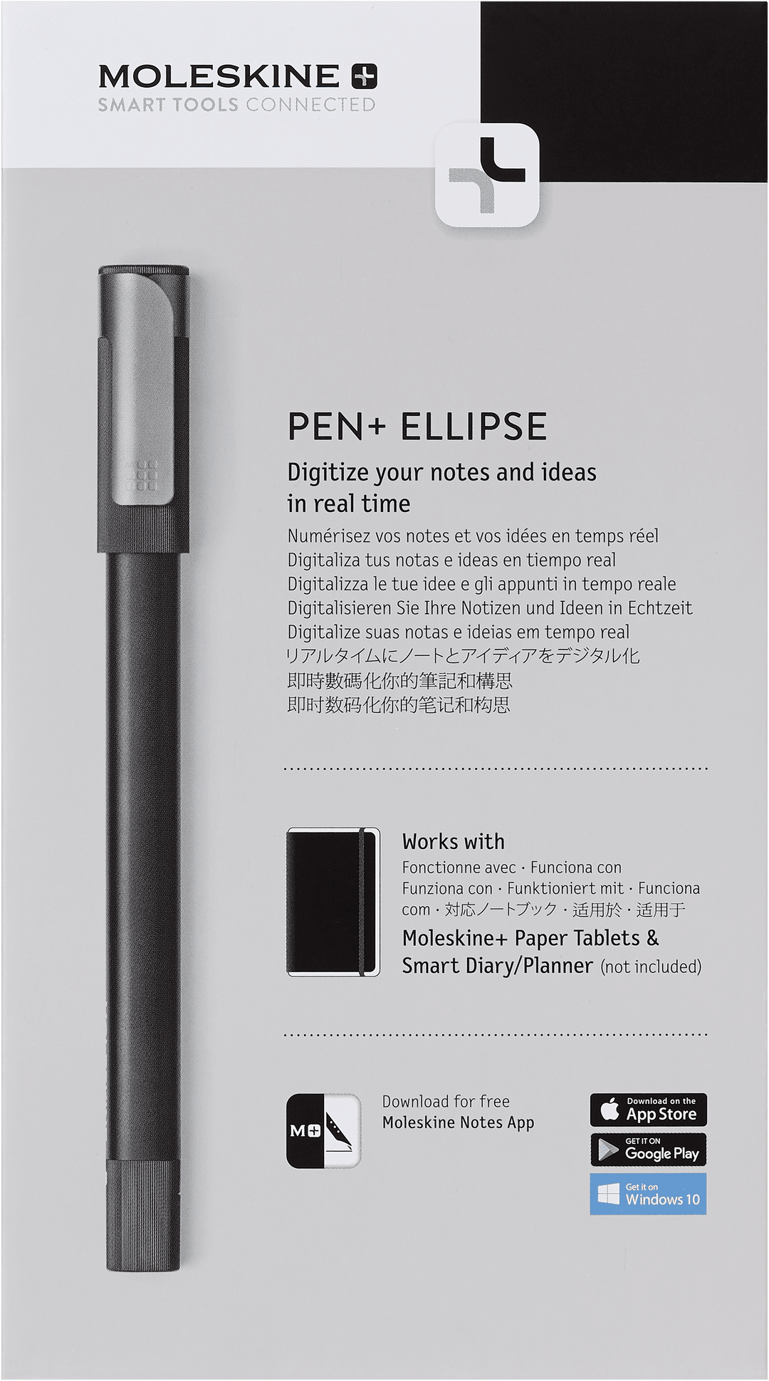 Front of the Moleskine Pen+ Ellipse retail box, showing the pen and the note that it works with Moleskine+ Paper Tablets and Smart Diary/Planner
