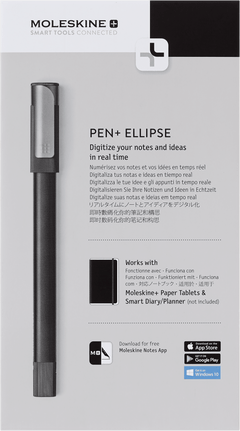 Front of the Moleskine Pen+ Ellipse retail box, showing the pen and the note that it works with Moleskine+ Paper Tablets and Smart Diary/Planner