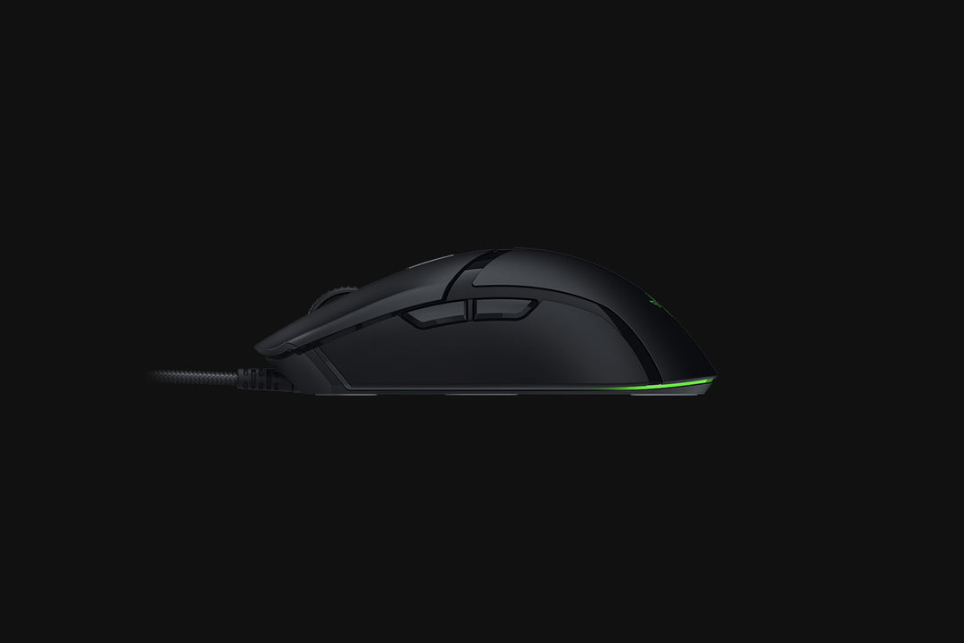 Razer Cobra in Black from the left side, showing the two side buttons and the gradient underglow