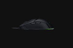 Razer Cobra in Black from the left side, showing the two side buttons and the gradient underglow