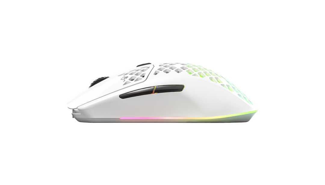 Left side of the SteelSeries Aerox 3 Wireless in Snow, showing the side buttons and the low profile shape
