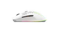 Left side of the SteelSeries Aerox 3 Wireless in Snow, showing the side buttons and the low profile shape