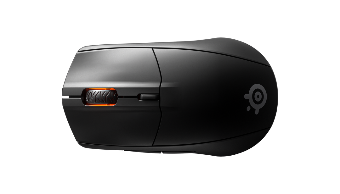 Top of the SteelSeries Rival 3 Wireless in Black, lying sideways, with the scroll wheel and CPI button