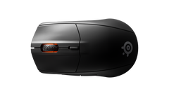 Top of the SteelSeries Rival 3 Wireless in Black, lying sideways, with the scroll wheel and CPI button