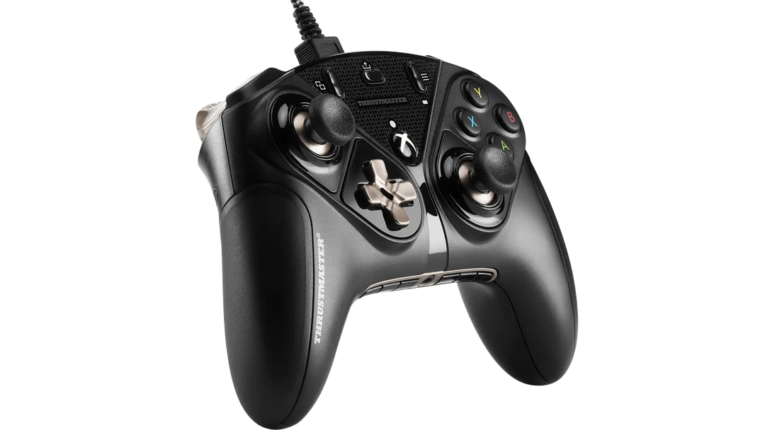 Thrustmaster eSwap X Pro wired controller in Black from a low front angle, showing the grips and the headset port