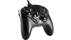 Thrustmaster eSwap X Pro wired controller in Black from a low front angle, showing the grips and the headset port