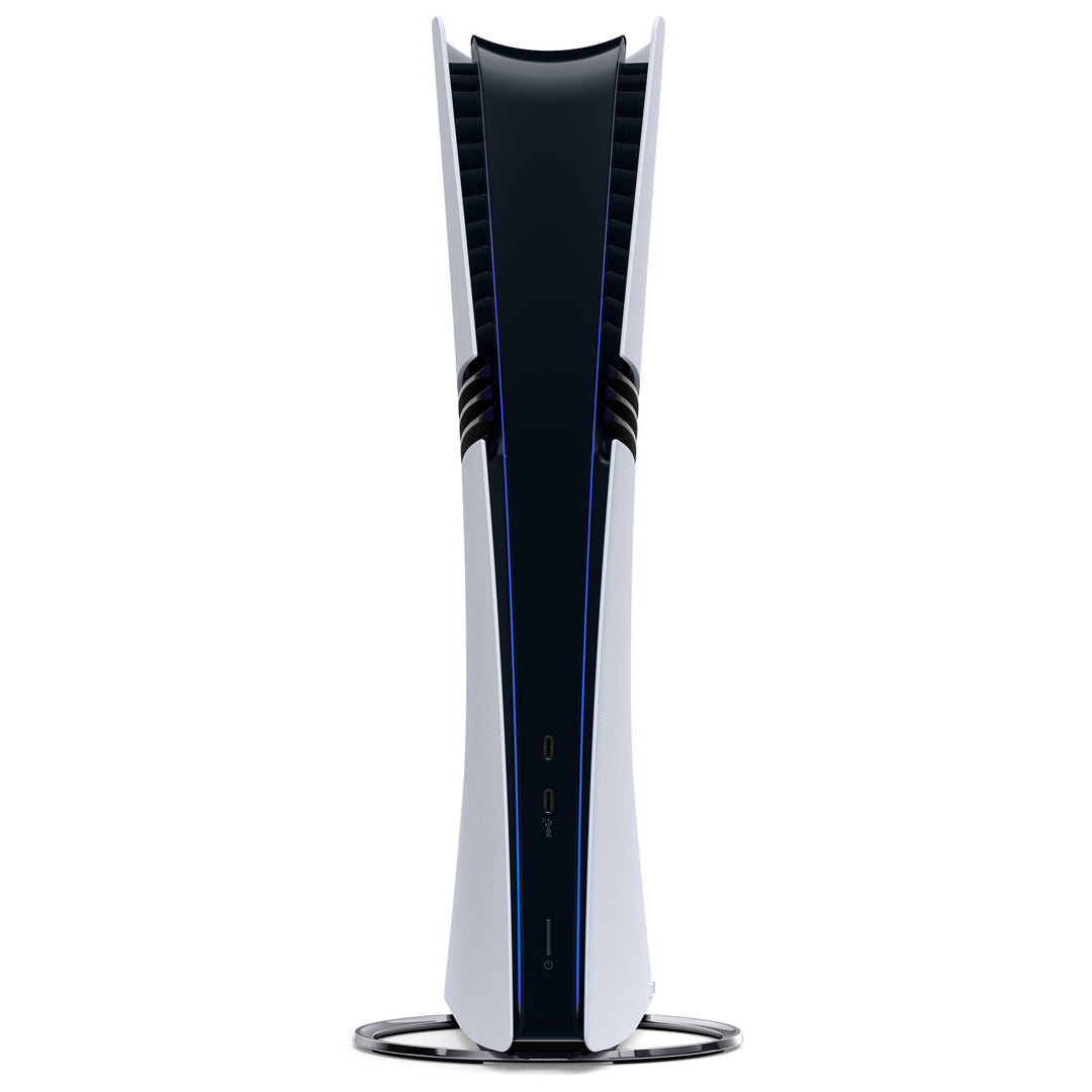 PlayStation 5 Pro Console front edge with the USB-C ports and power button, shown on the vertical stand sold separately