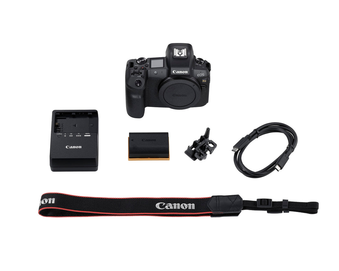 Canon EOS Ra box contents: camera body, Battery Pack LP-E6N, Battery Charger LC-E6, cable protector, Interface Cable IFC-100U and wide strap