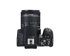 Top of the Canon EOS Rebel SL3 showing the mode dial, power switch, hot shoe and 18-55mm zoom ring