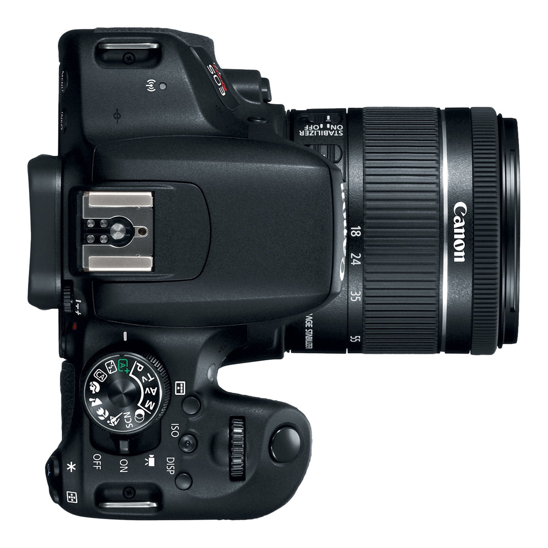 Top of the Canon EOS Rebel T7i showing the mode dial, hot shoe and 18-55mm zoom ring
