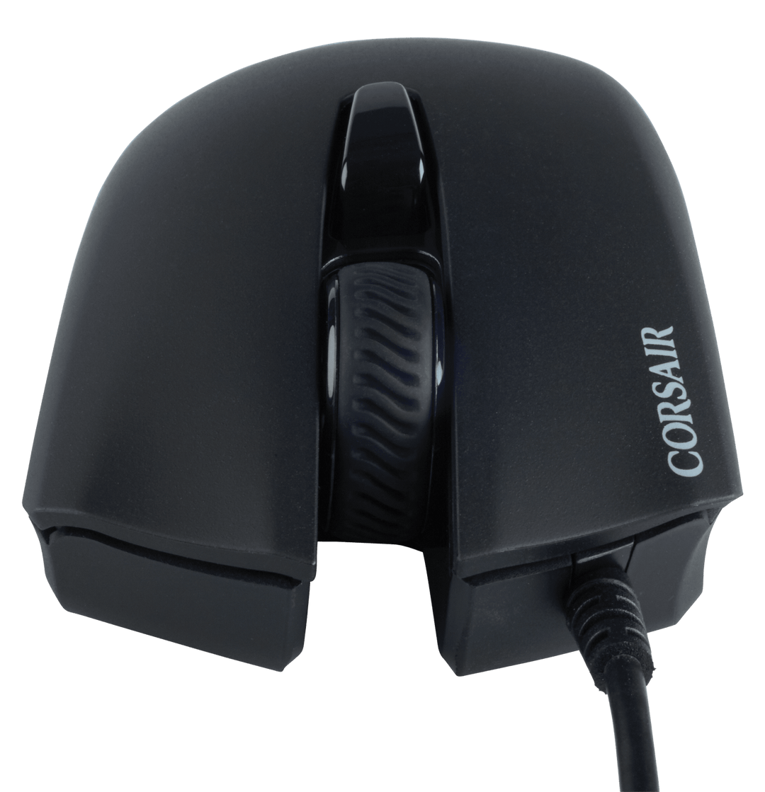 Front view of the Corsair HARPOON RGB PRO in Black, showing the left and right click buttons, scroll wheel and cable