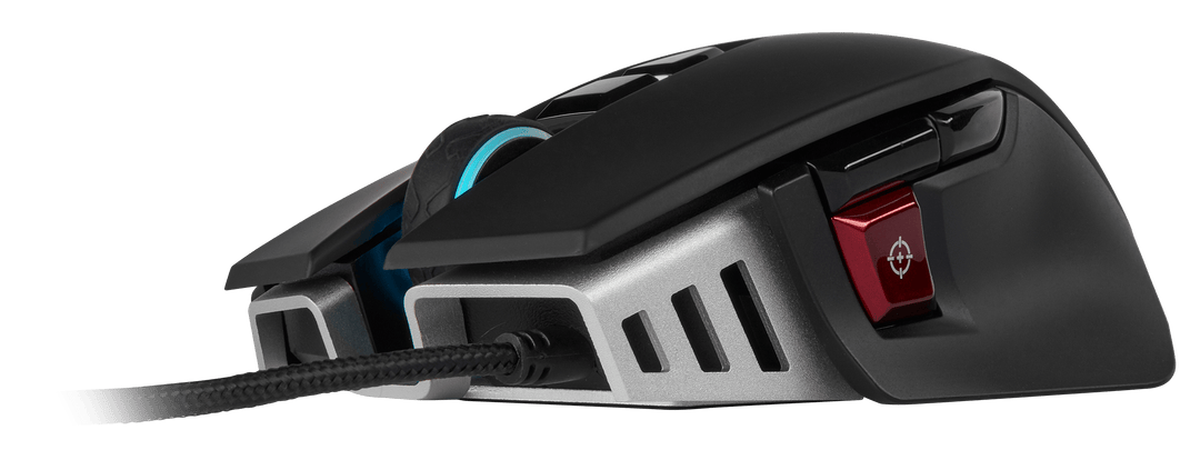Left side of the Corsair M65 RGB ELITE in Black, showing the red sniper button, side buttons and aluminum frame