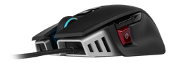Left side of the Corsair M65 RGB ELITE in Black, showing the red sniper button, side buttons and aluminum frame