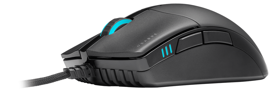 Left side of the Corsair SABRE RGB PRO Champion Series in Black, showing the forward and back buttons and the DPI indicator lights