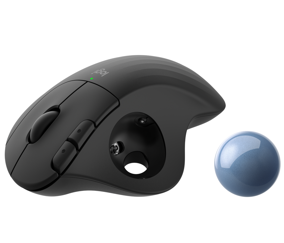 Logitech ERGO M575 in Black with the trackball lifted out of its socket for cleaning