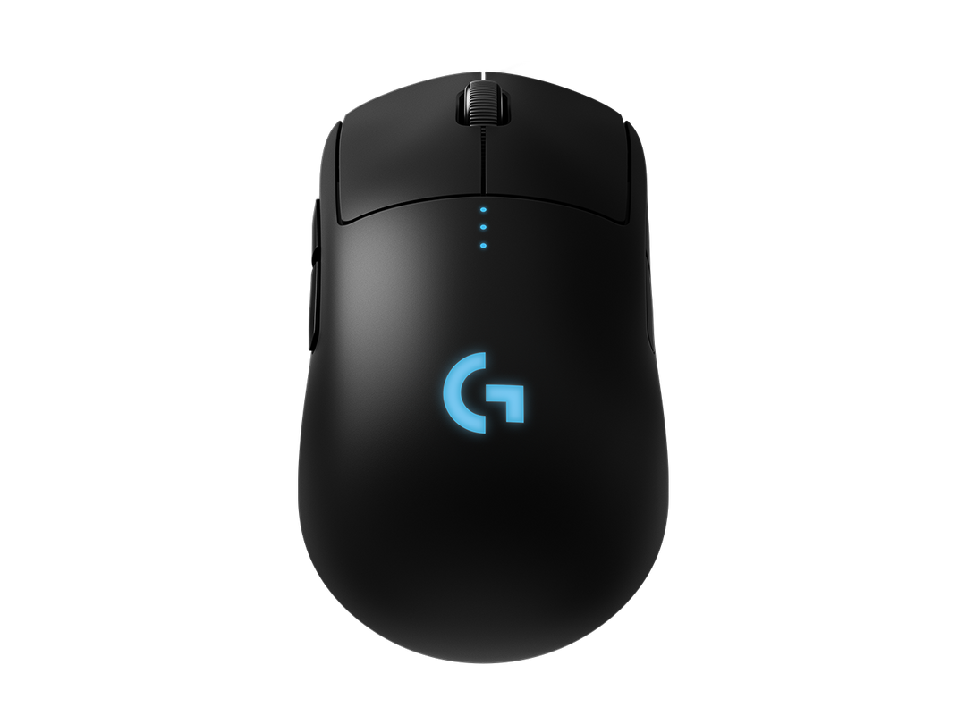 Logitech G PRO Wireless Gaming Mouse in Black, top view from behind with the lit G logo on the palm rest
