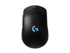 Logitech G PRO Wireless Gaming Mouse in Black, top view from behind with the lit G logo on the palm rest