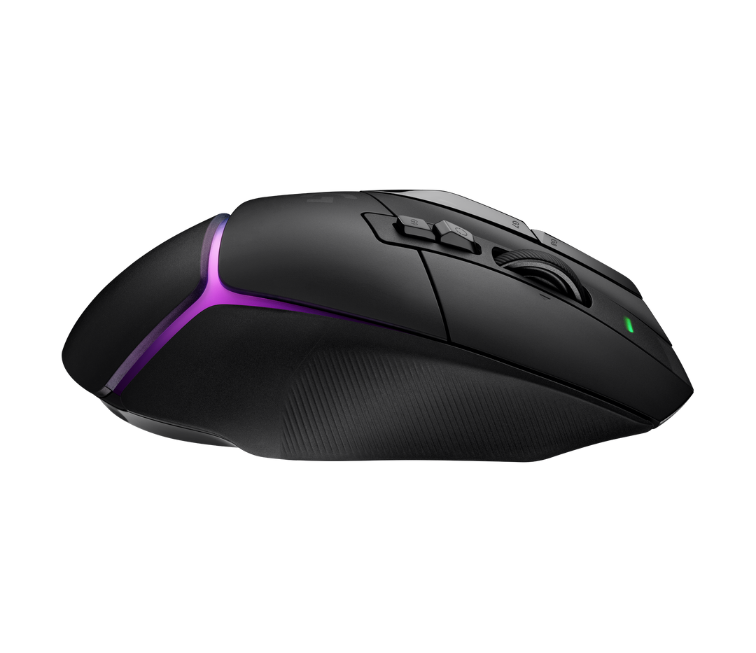 Logitech G502 X PLUS in Black, right side profile showing the RGB light strip and the top buttons