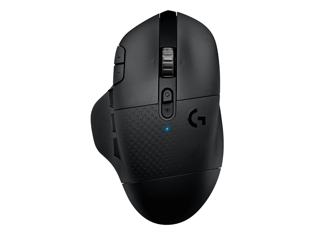 Logitech G604 Wireless Gaming Mouse in Black, top view with the scroll wheel, the mode buttons and the G logo