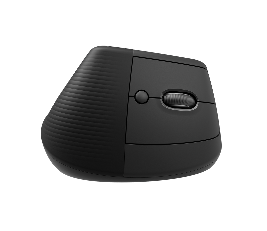 Logitech Lift in Graphite from the right, showing the ridged grip, the scroll wheel and the button beside it