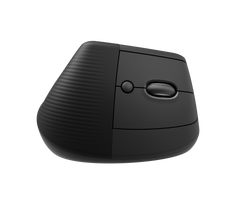 Logitech Lift in Graphite from the right, showing the ridged grip, the scroll wheel and the button beside it