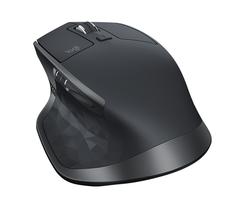 Logitech MX Master 2S in Graphite from behind on the left, showing the palm rest and textured thumb area
