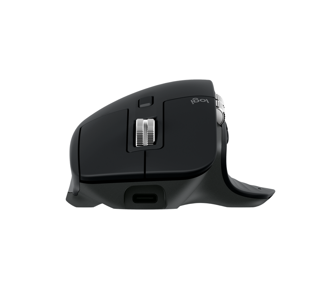 Logitech MX Master 3S in Black from the front, showing the USB-C charging port and the steel scroll wheel