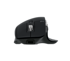 Logitech MX Master 3S in Black from the front, showing the USB-C charging port and the steel scroll wheel