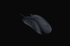 Razer DeathAdder V3 in Black from the rear left, showing the ergonomic right-handed shape and Razer logo