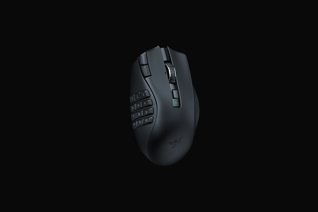 Razer Naga V2 HyperSpeed in Black seen from above, showing the scroll wheel, the thumb grid and the Razer logo on the palm rest