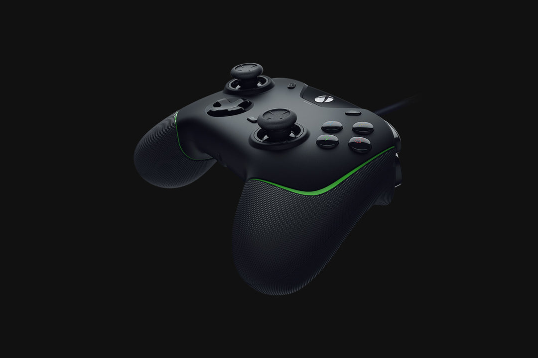 Razer Wolverine V2 wired controller in Black from an angle, showing the textured rubber grips and the green trim