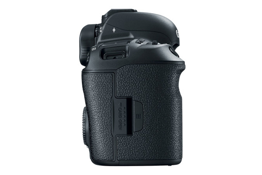 Canon EOS 5D Mark IV camera body, right side showing the dual card door and NFC mark