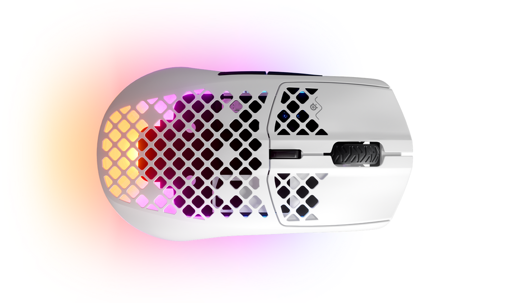 SteelSeries Aerox 3 Wireless in Snow seen from above, front to the right, with RGB lighting through the holey shell