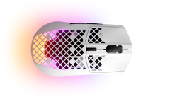 SteelSeries Aerox 3 Wireless in Snow seen from above, front to the right, with RGB lighting through the holey shell