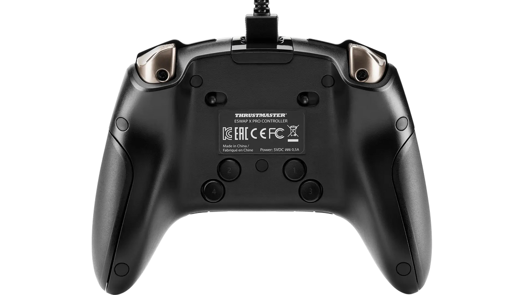 Back of the Thrustmaster eSwap X Pro controller in Black, showing the four rear buttons, the triggers and the label