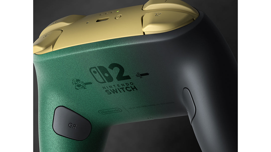 Nintendo Switch 2 Pro Controller The Legend of Zelda 40th Anniversary Edition, close-up of the pixel-art Link and sword on the back