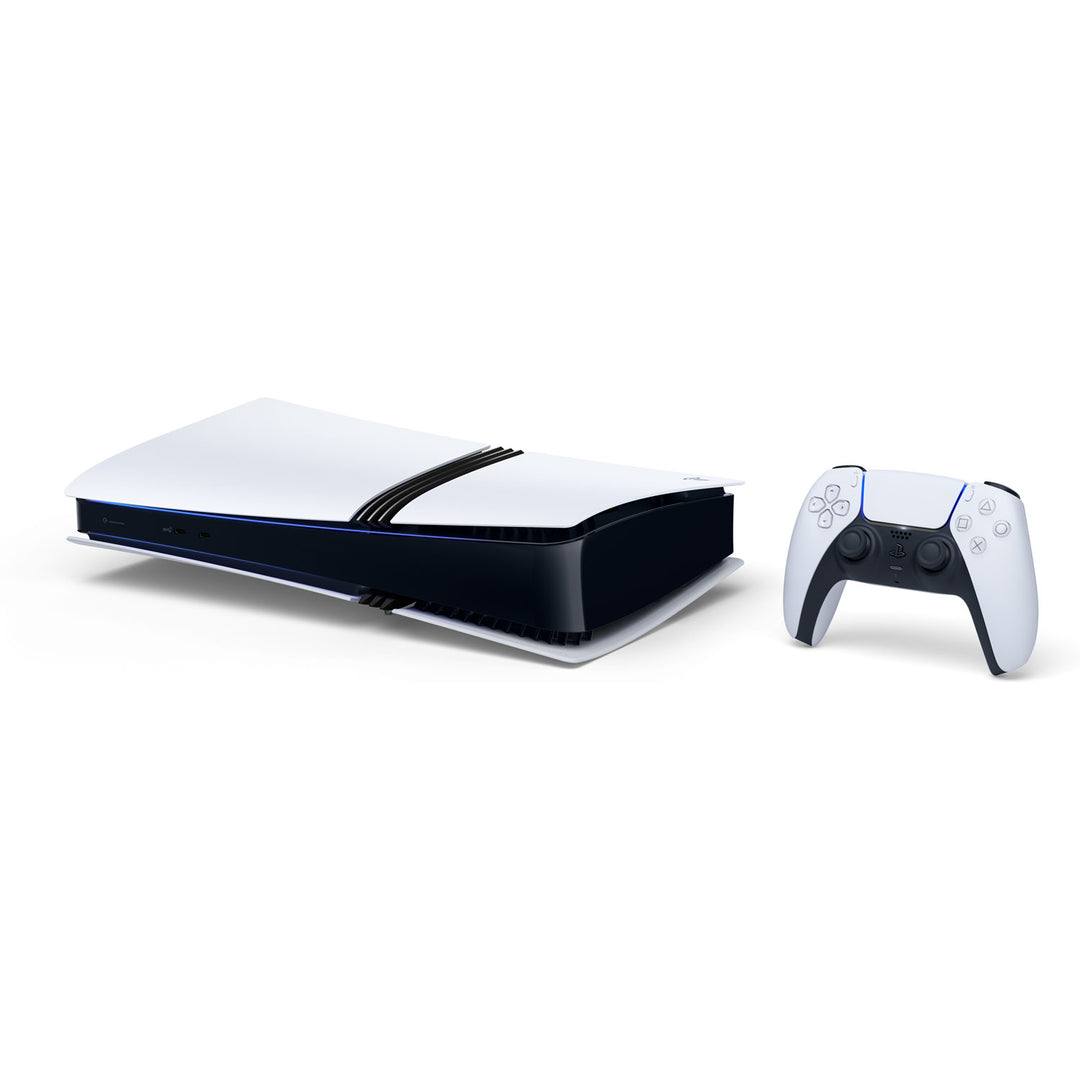 PlayStation 5 Pro Console 2TB lying flat with the white DualSense wireless controller