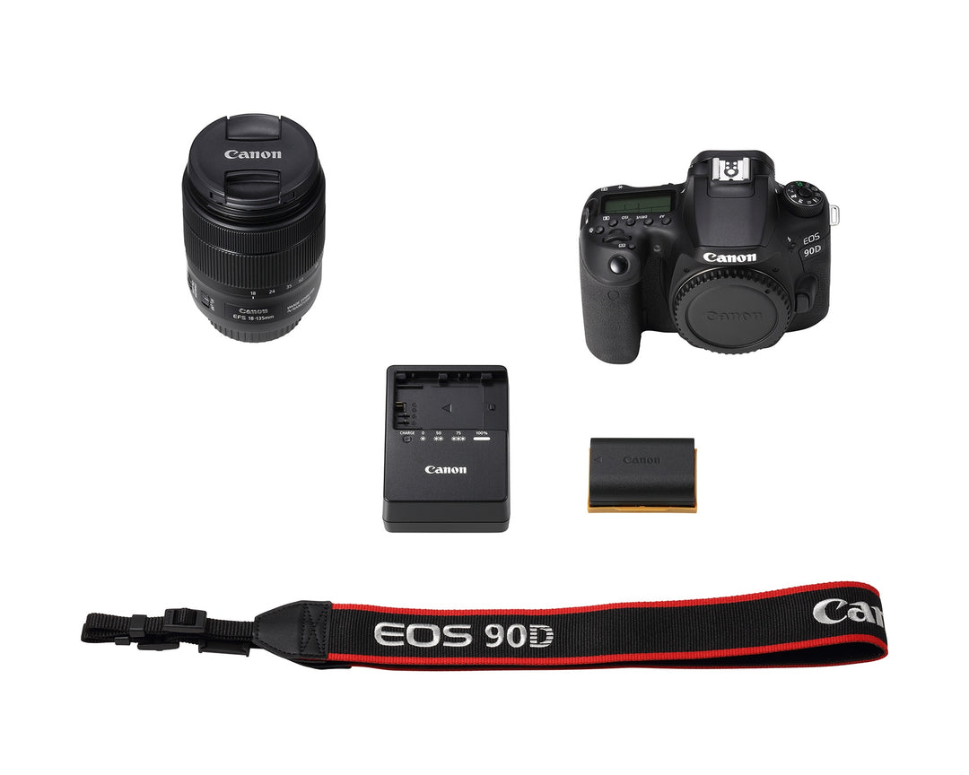 Canon EOS 90D kit contents: body, EF-S 18-135mm IS USM lens, Battery Pack LP-E6N, Battery Charger LC-E6 and EOS 90D neck strap