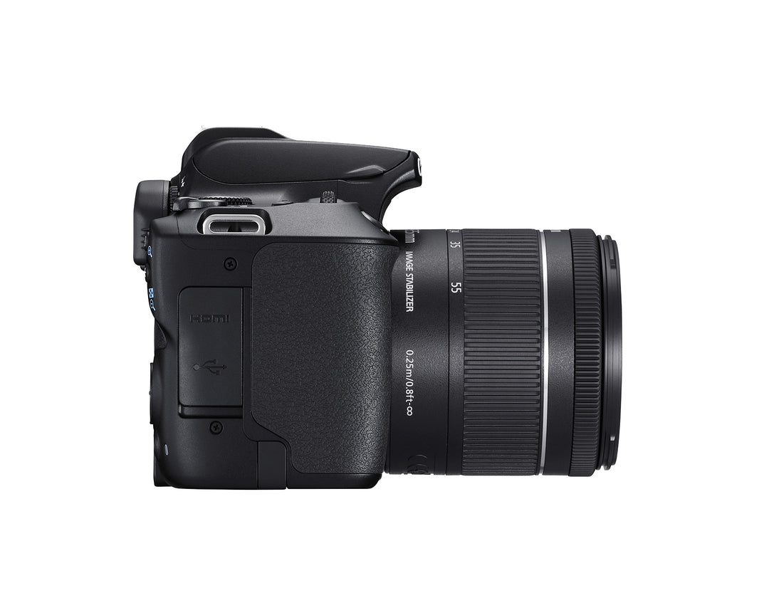 Side of the Canon EOS Rebel SL3 showing the HDMI and USB port covers and the 18-55mm IS STM lens