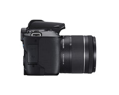 Side of the Canon EOS Rebel SL3 showing the HDMI and USB port covers and the 18-55mm IS STM lens