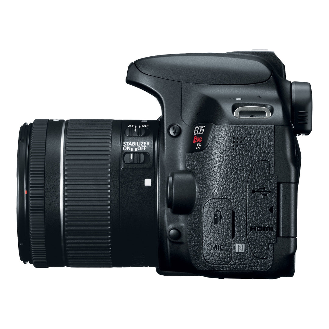 Side of the Canon EOS Rebel T7i showing the port covers and the 18-55mm IS STM lens