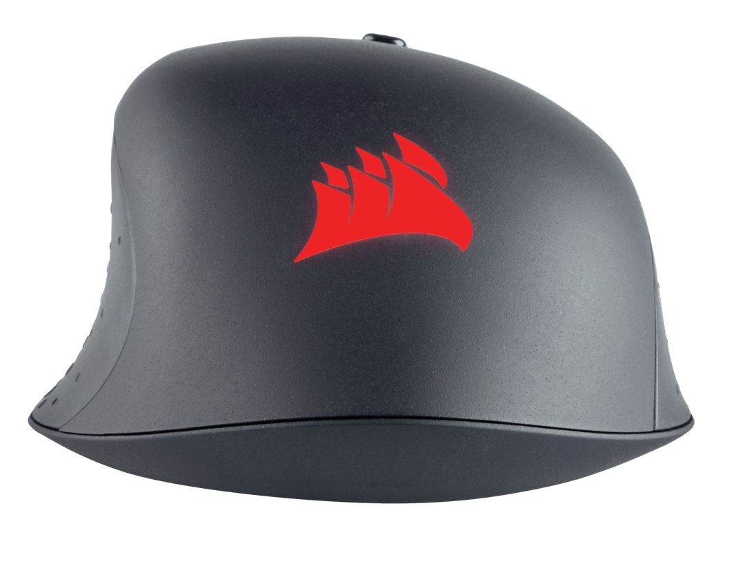 Rear view of the Corsair HARPOON RGB PRO in Black with the red RGB Corsair sails logo lit