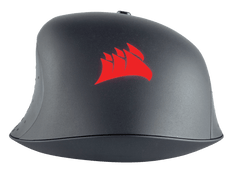 Rear view of the Corsair HARPOON RGB PRO in Black with the red RGB Corsair sails logo lit