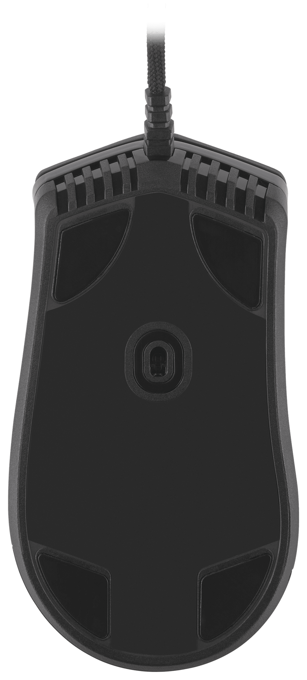 Underside of the Corsair SABRE RGB PRO Champion Series in Black, showing the PTFE glide pads and the optical sensor