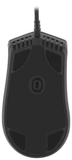 Underside of the Corsair SABRE RGB PRO Champion Series in Black, showing the PTFE glide pads and the optical sensor