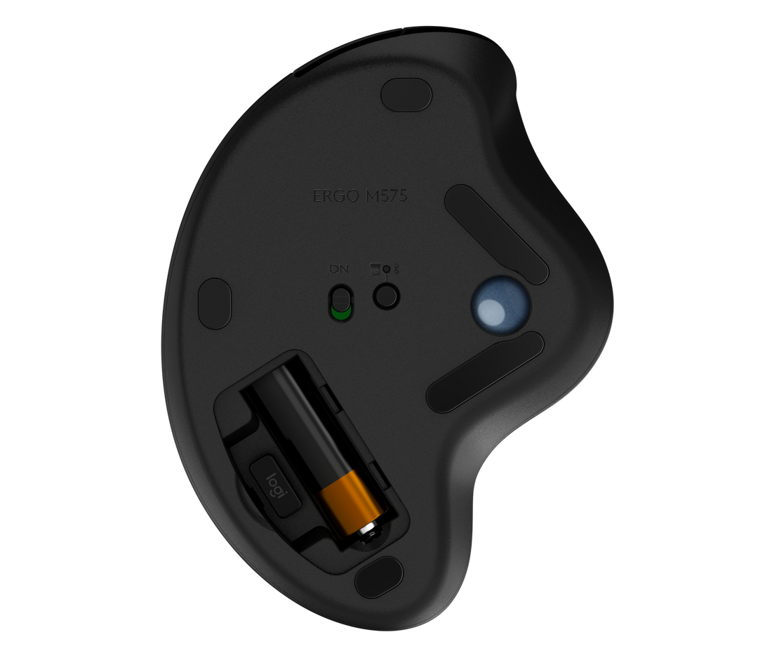 Underside of the Logitech ERGO M575 in Black, showing the AA battery compartment and the power switch