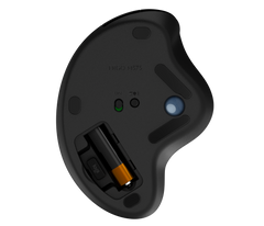 Underside of the Logitech ERGO M575 in Black, showing the AA battery compartment and the power switch