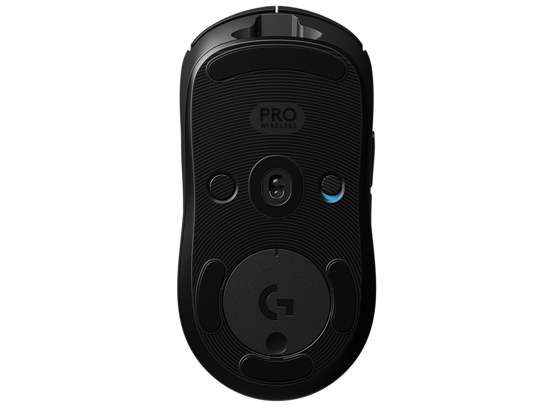 Underside of the Logitech G PRO Wireless Gaming Mouse in Black, showing the HERO sensor, PTFE feet, DPI button and power switch