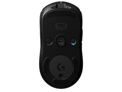 Underside of the Logitech G PRO Wireless Gaming Mouse in Black, showing the HERO sensor, PTFE feet, DPI button and power switch